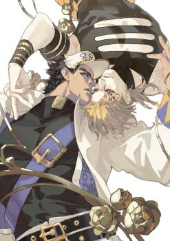  2boys armband belt belt_buckle black_armband black_belt black_hair black_shirt blonde_hair bracelet buckle cleavage_cutout clothing_cutout coat commentary_request diamond_wa_kudakenai dio_brando flower green_eyes green_lips hat highres jewelry jojo_no_kimyou_na_bouken kuujou_joutarou long_coat long_sleeves male_focus multiple_belts multiple_boys muscular muscular_male parted_lips peaked_cap pectorals plant purple_belt purple_shirt red_eyes rose shirt shoulder_belt sleeveless sleeveless_shirt stone_ocean strap thorns tight_clothes tight_shirt time_paradox turtleneck turtleneck_shirt upside-down vampire vetania vines white_coat white_hat yaoi 