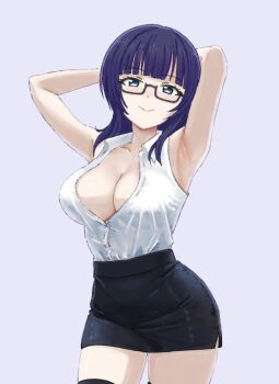 1girl armpits arms_behind_head arms_up asaka_karin blue_eyes blue_hair breasts commentary glasses highres large_breasts looking_at_viewer love_live! love_live!_nijigasaki_high_school_idol_club partially_open_shirt shizutered short_hair simple_background skirt smile symbol-only_commentary teacher