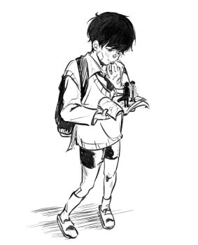 3boys backpack bag bandage_on_face bandages black_hair black_shorts book collared_shirt full_body greyscale holding holding_book kim_dokja male_focus mini_person miniboy monochrome multiple_boys necktie oldest_dream omniscient_reader's_viewpoint open_book pigeon-toed ryeomwoo_d shirt short_hair shorts smile standing vest yoo_joonghyuk