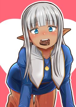  1girl absurdres all_fours barefoot belt blue_dress blue_eyes blunt_bangs brown_belt candy chocolate chocolate_heart dark-skinned_female dark_elf dark_skin dress elf food grey_hair heart heart-shaped_food heart_background highres jitome juliet_sleeves karla_(kono_healer_mendokusai) kono_healer_mendokusai long_sleeves looking_at_viewer medallion mouth_hold official_art pointy_ears puffy_sleeves red_background short_dress solo tannen_ni_hakkou valentine white_background 