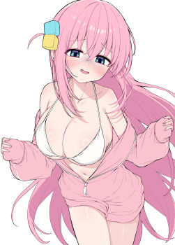  1girl absurdres bikini blue_eyes blush bocchi_the_rock! breasts collarbone commentary cube_hair_ornament gotoh_hitori hair_ornament highres jacket large_breasts long_hair looking_at_viewer metaljelly navel one_side_up open_mouth pink_hair pink_jacket revision ring_light_reflection simple_background solo swimsuit track_jacket very_long_hair white_background white_bikini 
