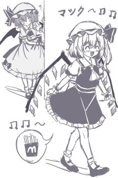  2girls ascot bat_wings blush collared_shirt commentary_request crystal crystal_wings flandre_scarlet food french_fries frilled_shirt_collar frills greyscale hat hat_ribbon highres mary_janes mcdonald's mob_cap monochrome multicolored_wings multiple_girls musical_note one_side_up open_mouth pointy_ears puffy_short_sleeves puffy_sleeves remilia_scarlet ribbon setteiset shirt shoes short_sleeves siblings sisters sketch skirt smile socks touhou translation_request wings wrist_cuffs 