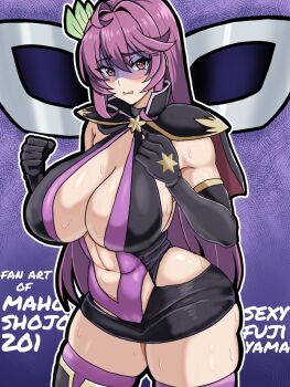  1girl bdsm black_gloves blush bondage boots bound breasts cape collarbone commentary_request covered_navel curvy domino_mask elbow_gloves eye_mask fujiyama_shinobu gloves highres long_hair mahou_shoujo_201 mask plump purple_hair sexy_fujiyama tearing_up toranoi_(user_ndae8334) 