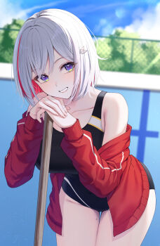  1girl alternate_costume bare_shoulders black_one-piece_swimsuit blue_eyes blue_sky blurry blurry_background collarbone colored_inner_hair competition_swimsuit covered_navel cowboy_shot day diamond-shaped_pupils diamond_(shape) fingernails hair_ornament highres honkai:_star_rail honkai_(series) jacket leaning_forward looking_at_viewer mole mole_on_thigh multicolored_hair off_shoulder one-piece_swimsuit outdoors pink_hair pool red_jacket sakuno_(sksk_sakuno) short_hair sky smile solo streaked_hair swimsuit symbol-shaped_pupils thigh_gap thighs topaz_(honkai:_star_rail) white_hair 