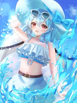  1girl :d absurdres arm_at_side bare_arms bare_shoulders bat_wings bikini blue_bikini blue_bow blue_hair blue_ribbon blue_skirt bow collarbone commentary_request cowboy_shot day double-parted_bangs eyewear_on_head fang hair_between_eyes hand_on_headwear hat hat_bow hat_ribbon highres lens_flare medium_hair navel open_mouth outdoors pointy_ears red_eyes remilia_scarlet remilia_scarlet_(vampire_prepared_for_splashes_and_sunlight) ribbon ruffle_bikini skirt smile solo splashing standing sun_hat sunglasses swimsuit touhou touhou_lostword white-framed_eyewear white_hat wings yogiri_miri 