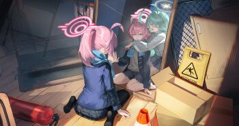  2girls absurdres ahoge black_pantyhose black_skirt blue_archive blue_eyes blue_jacket blue_scarf closed_eyes commentary_request from_behind green_hair grey_sweater halo heterochromia highres hoshino_(blue_archive) hug huge_ahoge indoors jacket long_hair looking_at_mirror mirror multiple_girls open_clothes open_jacket open_mouth pantyhose pink_hair pink_halo ponytail reflection scarf shirt sitting skirt super_h2o sweater very_long_hair wariza white_shirt yellow_eyes yellow_halo yume_(blue_archive) 