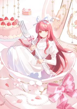  1girl absurdres bead_necklace beads bib_collar birthday birthday_cake bow cake character_name cherry_blossoms chinese_commentary collar commentary_request cup dress flower food fork frilled_collar frilled_sleeves frills full_body hair_ribbon happy highres holding holding_fork in_container in_cup jewelry juliet_sleeves large_ribbon long_dress long_hair long_sidelocks long_sleeves moridehuguang necklace nikki_(nikki) nikki_(series) oversized_object petals pink_bow pink_hair pleated_dress puffy_sleeves ribbon sidelocks sleeves_past_wrists solo sparkle teacup turtleneck turtleneck_dress unworn_jewelry unworn_necklace very_long_hair wavy_hair white_background white_dress white_flower white_ribbon 