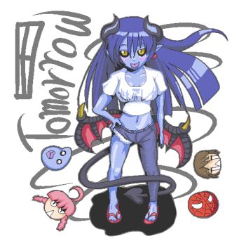 1girl :p astaroth_(shinrabanshou) asymmetrical_clothes black_sclera blue_hair blue_skin blush colored_sclera colored_skin cv_wakamoto demon_girl demon_tail earrings female_focus futaba_channel heart heart_earrings horns jewelry long_hair marvel non-web_source pointy_ears sandals shinrabanshou single_pantsleg solo spider-man spider-man_(original_suit) spider-man_(series) tail tongue tongue_out translated we-tan wings yamada-san yellow_eyes