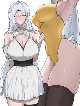  1girl absurdres ahoge alternate_costume arm_behind_back armpits averting_eyes bare_shoulders black_thighhighs blush breasts cleavage cleavage_cutout clothing_cutout collared_dress commentary covered_navel cowboy_shot detached_sleeves dress grey_hair hair_between_eyes hair_ornament hairclip hand_up head_out_of_frame highleg highleg_leotard highres large_breasts leotard long_hair looking_to_the_side multiple_views parted_lips pinpo_(pinpo1312) short_sleeves sideboob sideways_glance simple_background single_thighhigh skindentation sleeveless sleeveless_dress standing thighhighs underbust very_long_hair white_background white_dress yellow_eyes yellow_leotard yixuan_(zenless_zone_zero) zenless_zone_zero 