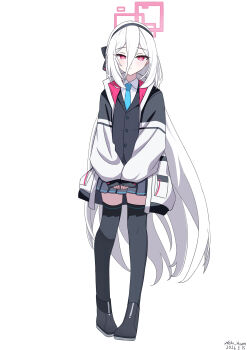  1girl artist_name black_hairband black_jacket black_shoes black_skirt black_thighhighs blue_archive blue_necktie closed_mouth collared_shirt commentary contrapposto dated full_body hair_between_eyes hairband halo highres hood hood_down hooded_jacket jacket kei_(blue_archive) kei_(new_body)_(blue_archive) long_hair long_hair_between_eyes long_sleeves looking_at_viewer miniskirt necktie neko_huan open_clothes open_jacket pink_hair pleated_skirt shirt shoes sidelocks simple_background skirt solo standing thighhighs very_long_hair white_background white_hair white_jacket white_shirt 
