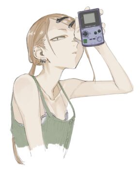  1girl blonde_hair brown_eyes commentary commentary_request dagashi_kashi ear_piercing earrings endou_saya game_boy game_boy_color hair_ornament hairband hairclip handheld_game_console highres holding holding_handheld_game_console jewelry kotoyama looking_at_viewer open_mouth piercing short_hair simple_background solo underwear upper_body white_background 