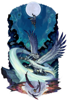  1girl affururu anklet creature feathers full_moon holding holding_whip horns jewelry moon night night_sky outdoors pixiv_fantasia pixiv_fantasia_sword_regalia single_horn sky wings yukari_(pixiv_fantasia_sword_regalia) 