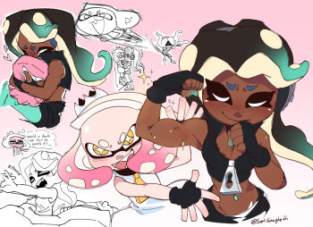  2girls blush breasts cephalopod_eyes cleavage closed_eyes crop_top dark-skinned_female dark_skin english_text fang female_focus fingerless_gloves forehead full-face_blush gloves how_to_talk_to_short_people hug marina_(splatoon) meme midriff multiple_girls muscular muscular_arms muscular_female navel_piercing nintendo octoling pearl_(splatoon) piercing setispaghetti sleeveless smile splatoon_(series) splatoon_2 standing tentacles veins veiny_arms yawning yellow_eyes yuri  rating:Sensitive score:36 user:zombiespacial