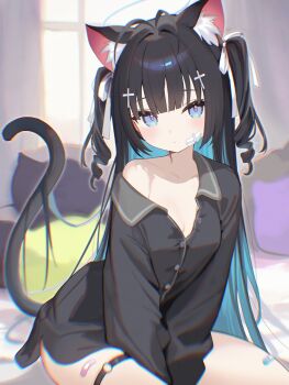  1girl animal_ear_fluff animal_ears antenna_hair bandaid bandaid_on_face bandaid_on_thigh between_legs black_hair black_shirt blue_eyes blue_hair blue_halo blush breasts buttons cat-shaped_pillow cat_ears cat_girl cat_tail chinese_commentary chromatic_aberration closed_mouth collarbone collared_shirt colored_inner_hair commentary_request commission cross_hair_ornament drill_hair hair_on_tail hair_ornament hair_ribbon halo hand_between_legs highres indoors long_hair long_sleeves looking_at_viewer mixed-language_commentary multicolored_hair no_pants nyarnya o-ring o-ring_thigh_strap original pajamas partially_unbuttoned pillow purple_pupils ribbon second-party_source shirt sidelocks single_bare_shoulder single_off_shoulder sitting small_breasts solo tail tail_raised thigh_strap twin_drills two-tone_hair two_side_up very_long_hair white_ribbon window wispy_bangs 