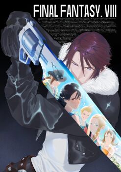  3boys 3girls absurdres bare_shoulders belt black_gloves black_hair black_jacket black_pants blue_eyes brown_belt brown_eyes brown_hair closed_mouth commentary_request copyright_name cowboy_hat crossed_belts curly_ends ddb_000 facial_tattoo fighting_stance final_fantasy final_fantasy_viii fur-trimmed_jacket fur_trim glasses gloves gradient_background green_eyes grin gunblade hair_between_eyes hat highres holding holding_weapon irvine_kinneas jacket korean_commentary long_hair medium_hair multiple_boys multiple_girls outdoors overalls pants parted_bangs parted_lips quistis_trepe rinoa_heartilly scar scar_on_face scar_on_forehead selphie_tilmitt shirt short_hair smile spiked_hair squall_leonhart tattoo upper_body weapon white_shirt yellow_overalls zell_dincht 