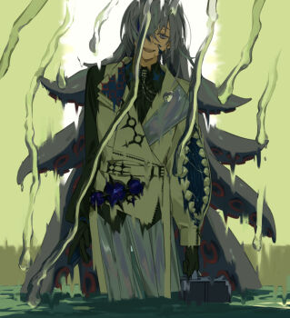  1boy black_gloves black_shirt collared_shirt commentary cooking cowboy_shot cracked_skin extra_mouth fourth_wall gloves highres holding holding_suitcase hoshirube_sho iridescent_clothes jacket long_hair long_sleeves male_focus moku_(kedr2558) nijisanji open_mouth overskirt pants pool purple_hair shirt smile solo suitcase teeth tentacle_hair very_long_hair virtual_youtuber wading water_drop white_jacket white_pants 