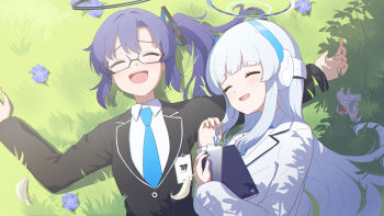  2girls :d ^_^ aged_down alternate_hair_length alternate_hairstyle bespectacled black-framed_eyewear black_halo black_suit blue_archive blue_necktie blush book closed_eyes collared_shirt commentary_request day facing_viewer flower formal_clothes furrowed_brow glasses grass hair_between_eyes hair_intakes hair_ornament hair_spread_out halo hamachikichiki hands_up happy headgear highres holding holding_book id_card long_hair long_sleeves lying mechanical_halo medium_hair millennium_science_school_logo multiple_girls necktie noa_(blue_archive) on_back on_grass open_mouth outdoors outstretched_arms partial_commentary purple_flower school_uniform semi-rimless_eyewear shirt side_ponytail sidelocks smile suit teeth triangle_hair_ornament upper_body upper_teeth_only very_long_hair white_flower white_halo white_shirt white_suit yuuka_(blue_archive) 