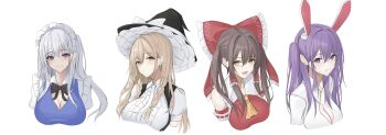  4girls 7saki :d alternate_hairstyle animal_ears ascot bad_id bad_twitter_id black_bow black_bowtie black_hat black_vest blonde_hair blue_dress blue_eyes blush bow bowtie braid breasts brown_hair cleavage closed_mouth collarbone collared_shirt collared_vest cropped_torso detached_sleeves dress frilled_bow frilled_hair_tubes frilled_hat frills hair_between_eyes hair_intakes hair_tubes hakurei_reimu hat hat_ribbon highres huge_breasts izayoi_sakuya kirisame_marisa long_hair long_sleeves looking_at_viewer maid maid_headdress missing_commentary multiple_girls open_mouth partially_open_dress partially_open_shirt portrait purple_eyes purple_hair rabbit_ears rabbit_girl raised_eyebrows red_bow red_ribbon red_sleeves red_vest reisen_udongein_inaba ribbon ribbon-trimmed_sleeves ribbon_trim shirt shirt_under_dress short_sleeves simple_background smile straight-on touhou twin_braids twintails two-tone_bow vest white_background white_bow white_hair white_ribbon white_shirt white_sleeves wing_collar witch_hat yellow_ascot yellow_eyes 