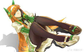  1girl animal_ears artist_name asymmetrical_footwear black_gloves black_pantyhose blue_eyes blunt_bangs dress dutch_angle ear_covers gloves green_eyes highres horse_ears horse_girl long_hair looking_at_viewer orange_hair pantyhose ruukii_drift silence_suzuka_(innocent_silence)_(umamusume) silence_suzuka_(umamusume) sitting solo umamusume very_long_hair white_background 