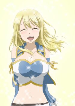 1girl bad_id bad_pixiv_id bare_shoulders blonde_hair bluesnowcat blush breasts bustier cleavage detached_sleeves earrings closed_eyes fairy_tail female_focus jewelry large_breasts long_hair lucy_heartfilia midriff navel open_mouth smile solo 