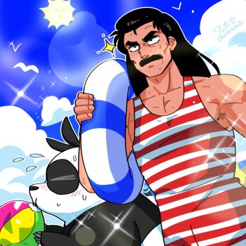  2boys armpits artist_name ball beachball black_hair breasts cleavage closed_eyes commentary_request cowboy_shot facial_hair flying_sweatdrops mature_male multiple_boys muscular muscular_male mustache one-piece_swimsuit ranma_1/2 saotome_genma_(panda) signature sky striped_clothes striped_one-piece_swimsuit sun sweat swimsuit tendou_souun thick_eyebrows wanta_(futoshi) 