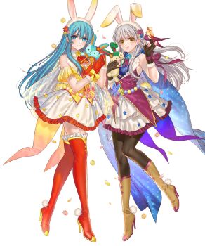  2girls animal_ear_hairband animal_ears aqua_eyes aqua_hair bare_shoulders bird black_pantyhose blue_eyes blue_hair blue_shirt blush boots breasts brown_boots brown_gloves dress eirika_(fire_emblem) eirika_(spring_company)_(fire_emblem) fake_animal_ears fake_tail fingerless_gloves fire_emblem fire_emblem:_radiant_dawn fire_emblem:_the_sacred_stones fire_emblem_heroes flower gloves grey_hair hair_ribbon hairband high_heels highres holding kippu long_hair looking_at_viewer micaiah_(fire_emblem) micaiah_(spring_company)_(fire_emblem) multiple_girls neckerchief nintendo non-web_source official_alternate_costume official_art pantyhose purple_neckerchief purple_vest rabbit_ears rabbit_tail red_boots red_gloves red_neckerchief red_shirt ribbon shirt skirt sleeveless smile stuffed_animal stuffed_rabbit stuffed_toy tachi-e tail thigh_boots vest white_hairband white_skirt yellow_eyes yellow_vest 