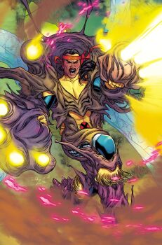  1boy artist_collaboration black_facial_hair black_hair bodysuit boots comic_cover commentary covered_abs crack dust_cloud english_commentary facial_hair firing floating_hair forge_(x-men) fringe_trim gloves hair_pulled_back headband highres initial male_focus marvel matt_wilson mature_male multicolored_bodysuit muscular muscular_male mustache official_art open_mouth ponytail red_headband russell_dauterman slime_(substance) solo x-men x-uniform yellow_bodysuit yellow_boots yellow_gloves 