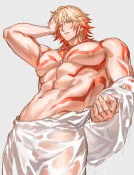  1boy abs absurdres arm_tattoo arm_up blonde_hair braid chest_tattoo commentary earrings grey_background highres honkai:_star_rail honkai_(series) jewelry male_focus matuka10101 muscular muscular_male mydei_(honkai:_star_rail) navel nipples pectorals red_hair red_tattoo short_hair side_braid simple_background single_braid solo tattoo topless_male untranslatable_commentary upper_body wet white_bathrobe yellow_eyes 