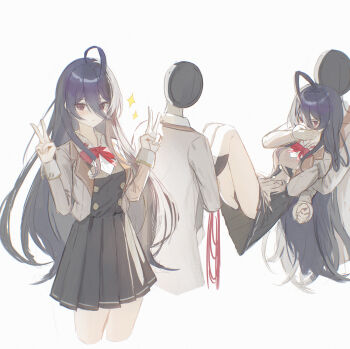  1girl 2boys absurdres ahoge assisted_carrying black_hair black_panties black_skirt black_socks bow bowtie breasts cailin020 captured carrying carrying_person covering_another's_mouth faceless faceless_male gag gagged grabbing_from_behind grey_jacket hair_between_eyes hand_gagged hand_over_another's_mouth highres jacket kidnapped kidnapping kimishima_ayano kneehighs lapels long_hair looking_at_viewer multiple_boys multiple_others notched_lapels open_clothes open_jacket panties pleated_shirt pleated_skirt purple_eyes red_bow red_bowtie red_rope restrained rope salute school_uniform seiren_academy_school_uniform shirt skirt socks sparkle tokidoki_bosotto_roshia-go_de_dereru_tonari_no_alya-san two-finger_salute underwear very_long_hair white_shirt 