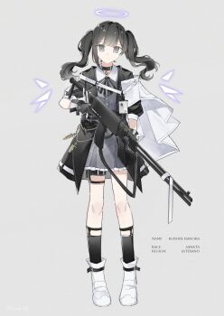  1girl absurdres angel arknights assault_rifle black_choker black_gloves black_hair black_jacket black_socks boots character_name choker closed_mouth detached_wings dress full_body gloves grey_background grey_dress grey_eyes gun halo highres holding holding_gun holding_weapon jacket kurobe_nanoka long_hair looking_at_viewer mahou_shoujo_no_majo_saiban parody rifle sanlao1207 socks solo standing traditional_halo twintails weapon white_boots white_halo wings 