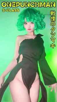 1girl animated audible_music black_dress bottomless collarbone cosplay curly_hair dancing dress flexing green_eyes green_hair makeup neneko0814 no_panties one-punch_man pelvic_curtain real_life sound tagme tatsumaki tatsumaki_(cosplay) torn_clothes torn_dress video