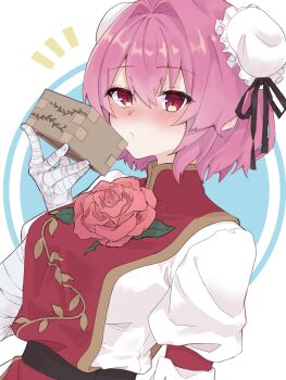  1girl bandaged_arm bandages blush breasts bun_cover closed_mouth commentary_request double_bun drunk flower hair_bun highres holding ibaraki_kasen looking_at_viewer medium_breasts pink_eyes pink_flower pink_hair pink_rose red_tabard rose shirataki_oden2 shirt short_hair solo tabard touhou white_shirt 