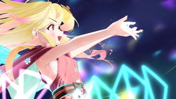  1girl :d absurdres ahoge blonde_hair blurry blurry_background brown_eyes commentary gradient_hair highres hololive hololive_dev_is japanese_clothes kimono long_hair multicolored_hair open_mouth otonose_kanade outstretched_arms pink_kimono print_kimono selopangji sidelocks sleeveless sleeveless_kimono smile solo virtual_youtuber 