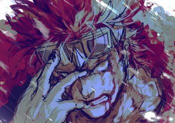  1boy absurdres ame_ekai blood blood_on_face commentary eustass_kid goggles goggles_on_head hand_on_own_face highres injury looking_to_the_side male_focus one_piece red_hair short_hair sideburns sideways_glance sketch solo symbol-only_commentary tearing_up tears yellow_eyes 