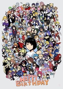 6+girls absurdres ace_attorney adventure_time annotation_request armor artemis_(fate) backwards_hat beret black_hair black_necktie blonde_hair blue_eyes blue_gloves blue_hair bow bowtie braid brown_eyes brown_hair bun_with_braided_base camilla_(fire_emblem) cammy_white catherine_(atlus_character) catherine_(game) character_request collared_shirt copyright_request cowboy_hat crossover danganronpa_(series) elesa_(pokemon) elizabeth_(bioshock_infinite) elizabeth_(persona) english_text fate/grand_order fate_(series) fire_emblem flame_princess florence_nightingale_(fate) forehead_jewel franziska_von_karma fukawa_toko gazelle_(kingsman) gegege_no_kitarou gekkan_shoujo_nozaki-kun genocider_shou glasses gloves green_eyes green_hair grey_background hair_ornament hair_over_one_eye hair_tubes happy_birthday hat highres hit-girl holding holding_scissors hunter_x_hunter isabella_valentine kick-ass kingsman:_the_secret_service kurapika light_blue_hair mordred_(fate) mordred_(swimsuit_rider)_(fate) mordred_(swimsuit_rider)_(first_ascension)_(fate) multiple_crossover multiple_girls my_little_pony my_little_pony:_friendship_is_magic nanami_haruka navel necktie nintendo olivia_(pokemon) one_eye_closed open_mouth orange_hair persona persona_3 pink_hair pokemon pokemon_bw2 pokemon_sm princess_unikitty purple_hair rama_(fate) red_bow red_bowtie red_hair red_hat samidare_satsuki sawashiro_miyuki school_uniform scissors seo_yuzuki shirt skullgirls smile soul_calibur soulcalibur soulcalibur_ii squigly_(skullgirls) street_fighter sunglasses sword the_lego_group tongue tongue_out top_wo_nerae!_(series) top_wo_nerae_2! twilight_sparkle uta_no_prince-sama voice_actor_connection voice_actor_tribute weapon white_hair yoshino_chidori