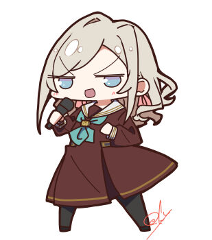  1girl :d absurdres aqua_neckerchief black_pantyhose black_shoes blue_eyes brown_dress ceras_yanagida_lilienfeld chibi chibi_only dress grey_hair hair_ribbon hasu_no_sora_school_uniform highres holding holding_microphone jitome link!_like!_love_live! long_sleeves looking_at_viewer love_live! medium_dress microphone neckerchief oofushi_ao open_mouth pantyhose pink_ribbon pleated_dress ribbon sailor_collar sailor_dress school_uniform shoes sidelocks signature simple_background single_hair_intake smile v-shaped_eyebrows virtual_youtuber white_background white_sailor_collar winter_uniform 