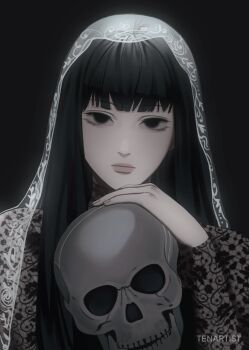  1girl aegyo_sal artist_name black_background black_dress black_eyes black_hair blank_eyes closed_mouth commentary dress empty_eyes english_commentary eyelashes fingernails hair_over_shoulder hand_up head_rest highres lace_dress looking_at_viewer no_pupils osaragi_(sakamoto_days) sakamoto_days see-through_clothes see-through_dress see-through_veil skull straight-on straight_hair tenartistt upper_body veil watermark white_veil 