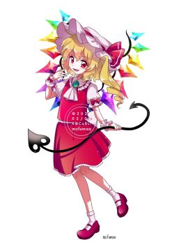  1girl artist_name ascot blonde_hair bow brooch collared_shirt commentary_request crystal crystal_wings drill_hair flandre_scarlet frilled_shirt_collar frills full_body hat holding holding_weapon jewelry laevatein_(touhou) long_hair long_sleeves looking_at_viewer maa_(forsythia1729) mary_janes mob_cap multicolored_wings one_side_up open_mouth puffy_long_sleeves puffy_sleeves red_bow red_eyes red_shoes red_skirt red_vest ribbon-trimmed_collar ribbon_trim shirt shoes simple_background skirt skirt_set sleeve_bow smile socks solo touhou vest watermark weapon white_ascot white_background white_hat white_socks wings wrist_cuffs 
