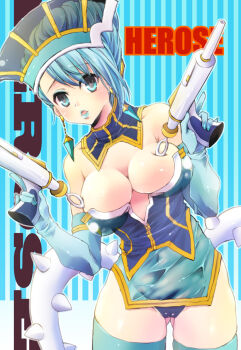  1girl asai_ichiko bare_shoulders blue_eyes blue_eyeshadow blue_gloves blue_hair blue_lips blue_rose_(tiger_&amp;_bunny) blue_thighhighs breasts cameltoe cleavage collarbone crystal_earrings detached_collar dual_wielding earrings elbow_gloves eyeshadow gloves gluteal_fold gun holding holding_gun holding_weapon jewelry large_breasts legs_apart makeup open_mouth see-through_clothes short_hair solo standing thighhighs tiger_&amp;_bunny weapon 