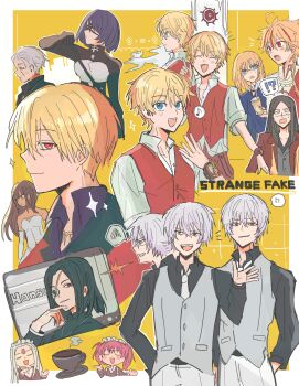  !? 5girls 6+boys absurdres alternate_costume anger_vein armor black_hair black_shirt blindfold blonde_hair blue_eyes border chibi closed_eyes collared_shirt command_spell copyright_name cross cross_necklace dark-skinned_female dark_skin delmio_cervantes eyepatch fate/strange_fake fate_(series) flat_escardos floating_hair gilgamesh_(fate) grey_hair grey_vest hansa_cervantes highres index_finger_raised jack_the_ripper_(fate/strange_fake) jester_karture jewelry long_hair long_sleeves lord_el-melloi_ii maid maid_headdress maysia_kwo multicolored_hair multiple_boys multiple_girls necklace necktie official_alternate_costume one_eye_covered outside_border pink_hair priest profile red_eyes red_hair richard_i_(fate) sajou_ayaka_(fate/strange_fake) shanti_mukherjee shirt short_hair simple_background siokuran streaked_hair tine_chelc twintails two-tone_hair vest viola_wahlstrom watch waver_velvet white_border white_necktie wristwatch yellow_background 