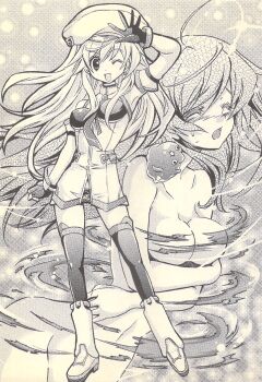  1girl bandeau black_bandeau black_gloves black_panties black_thighhighs blood_tune boots chaos;head detached_sleeves earrings fingerless_gloves gloves greyscale hand_up henshin highres jewelry long_hair magical_girl monochrome nanika_(blood_tune) necktie official_art one_eye_closed open_mouth panties scan science_adventure seira_orgel solo thighhighs tongue underwear very_long_hair white_boots white_sleeves yukiwo 