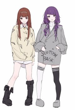  2girls absurdres asymmetrical_footwear asymmetrical_legwear black_boots boots closed_mouth coat commentary_request full_body grey_coat grey_shoes hairband highres hodoyoi idolmaster idolmaster_million_live! idolmaster_shiny_colors lapels long_hair long_sleeves looking_at_viewer mismatched_legwear mismatched_thighhighs multiple_girls name_connection notched_lapels partial_commentary purple_eyes purple_hair red_eyes red_hair shirt shoes side-by-side simple_background sleeves_past_wrists smile standing tanaka_kotoha tanaka_mamimi uneven_footwear white_background white_hairband yellow_shirt 