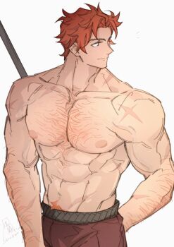  1boy abs absurdres arm_hair bara broad_shoulders chest_hair closed_mouth collarbone commentary english_commentary fire_emblem fire_emblem:_three_houses hairy highres light_smile looking_to_the_side male_focus male_pubic_hair nintendo parted_hair pectorals polearm pubic_hair red_hair red_pubic_hair satodee scar scar_on_shoulder short_hair simple_background sylvain_jose_gautier weapon white_background 