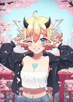  1girl ahoge alt_text alten black_jacket blonde_hair blue_eyes blue_pants blue_sky blush branch breasts cleavage collarbone commentary crop_top crop_top_overhang cropped_jacket day denim earrings english_commentary flower gradient_hair grin hands_up highres horns jacket jeans jewelry kora_(xenoblade) long_sleeves looking_at_viewer medium_breasts midriff multicolored_hair nail_polish navel one_eye_closed open_clothes open_jacket orange_hair outdoors pants petals pink_flower pink_nails pointy_ears puffy_long_sleeves puffy_sleeves railing sky smile solo v v_over_eye xenoblade_chronicles_(series) xenoblade_chronicles_2 