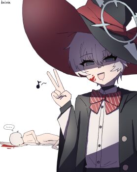 ... 2girls absurdres aqua_eyes black_jacket blood blood_on_face blue_archive bow bowtie braid completely_nude cosplay diagonal-striped_bow diagonal-striped_bowtie diagonal-striped_clothes eri_(blue_archive) eri_(blue_archive)_(cosplay) erika_(blue_archive) grey_hair grey_halo hair_between_eyes halo hat highres jacket kai_xin long_hair looking_at_viewer multiple_girls musical_note npc_jail nude red_bow red_bowtie shirt short_hair side_braid solo_focus speech_bubble spoken_ellipsis striped_bow striped_bowtie striped_clothes tilted_halo v white_shirt witch_hat