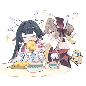  2girls bare_shoulders black_dress black_hair blue_eyes brown_hair columbina_(genshin_impact) commentary_request cup detached_sleeves dress eating eye_mask facing_viewer food genshin_impact gloves highres long_sleeves looking_at_another mask multicolored_hair multiple_girls oishii_sasa pointing pointing_at_another purple_hair sandrone_(genshin_impact) simple_background smile teacup teapot two-tone_hair white_background white_dress white_gloves 