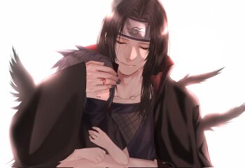  2boys akatsuki_uniform bird black_bird black_hair black_nails black_shirt brothers child closed_eyes closed_mouth commentary_request corrupted_twitter_file crow crying fishnets forehead_protector hand_over_another's_eyes highres jewelry konohagakure_symbol long_hair male_focus multiple_boys naruto_(series) naruto_shippuuden necklace ring shirt short_hair siblings simple_background soraneko0330 tears uchiha_itachi uchiha_sasuke upper_body white_background 