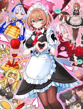  5girls ajita_(honkai_impact) apron aqua_eyes bandaid bandaid_on_face black_choker black_dress brown_hair brown_pantyhose choker closed_mouth dress heart heart_hands highres honkai_(series) honkai_impact_3rd kuromu_shado lantern_(at_your_service)_(honkai_impact) lantern_(honkai_impact) maid maid_apron maid_headdress multiple_girls necktie official_alternate_costume pantyhose red_necktie second-party_source serapeum_(honkai_impact) short_hair short_sleeves songque songque_(astralop) thelema_nutriscu thelema_nutriscu_(mad_pleasure:_shadowbringer) white_apron  rating:General score:1 user:danbooru