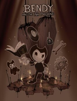  1boy bendy bendy_and_the_ink_machine book bow bowtie coffin demon gears gloves ink stuffed_toy vinyl_record  rating:Sensitive score:5 user:twilight_jester