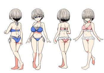  2girls absurdres barefoot bikini blue_eyes breasts cleavage closed_mouth commentary_request frilled_bikini frills full_body grey_hair hair_over_eyes heel_up highres large_breasts looking_at_viewer medium_breasts multiple_girls multiple_views navel pink_bikini reference_sheet short_hair side-tie_bikini_bottom simple_background smile standing swimsuit take_(shokumu-taiman) uzaki-chan_wa_asobitai! uzaki_hana uzaki_yanagi white_background 